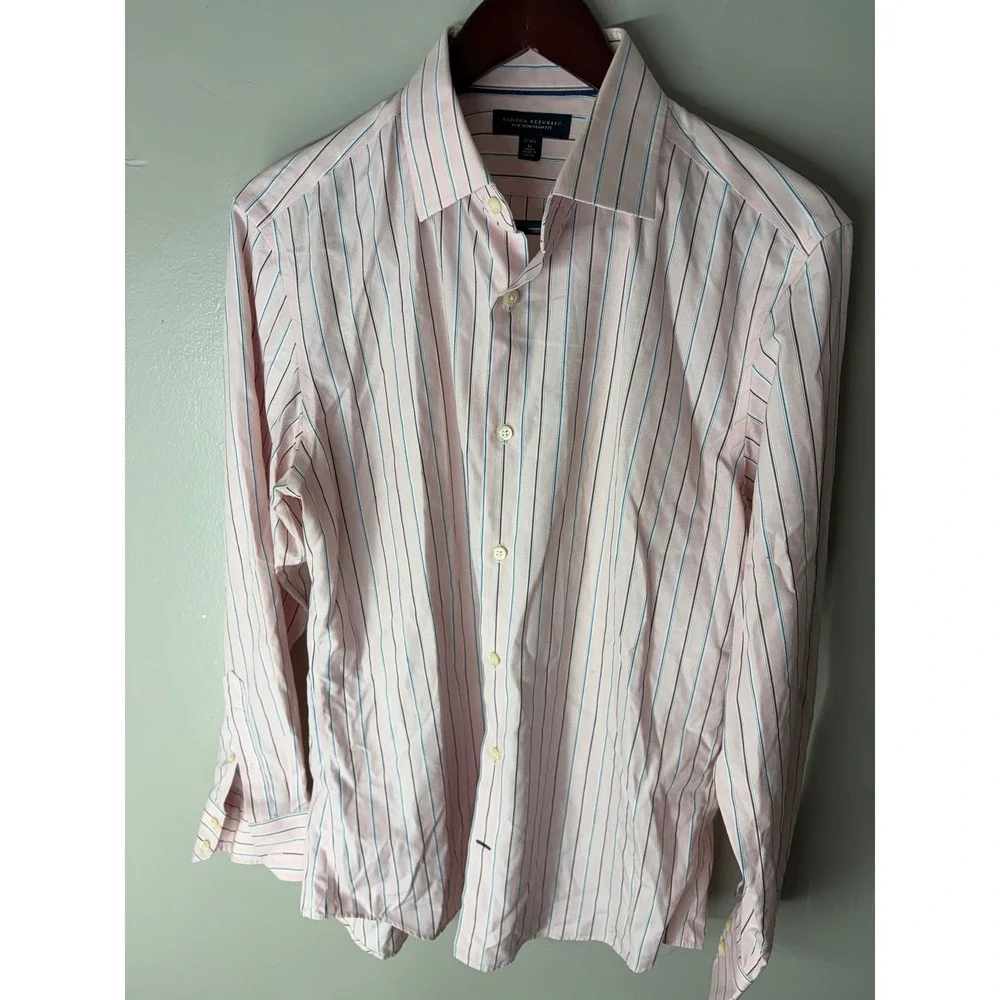 Banana Republic Mens Non Iron Slim Fit Dress Shirt Pink Blue Stripe Medium